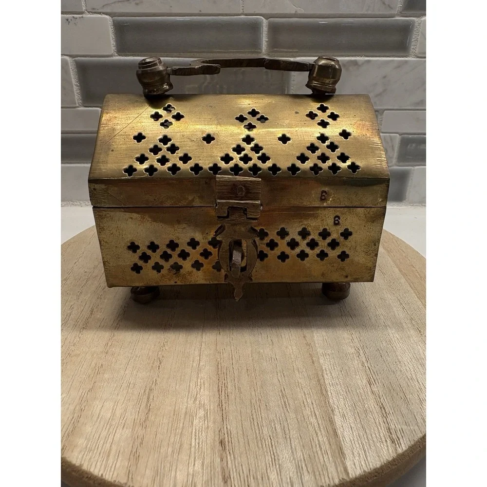 Antique Brass Decorative Rectangle Box, Geometric, Handle, Latch, Made in India